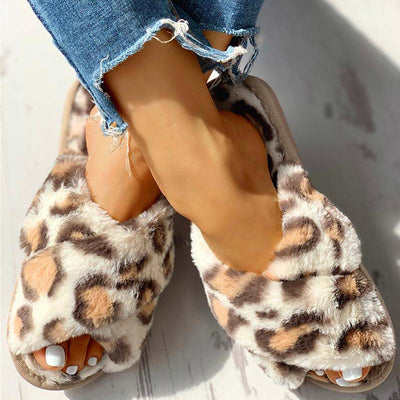 Fluffy Leopard Crisscross Flat Slippers - Cherrybetty