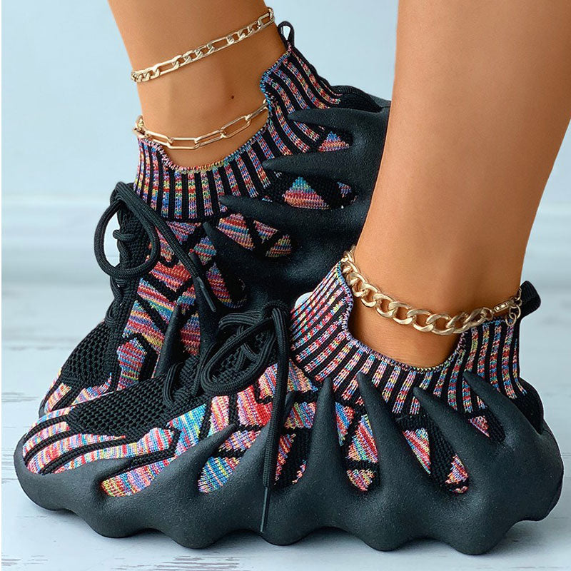 Colorblock Lace-up Knit Breathable Sneakers