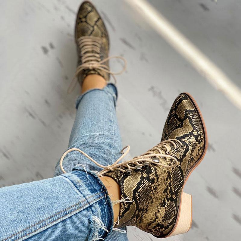 Pointed Toe Lace-up Snakeskin Chunky Heeled Boots - Cherrybetty