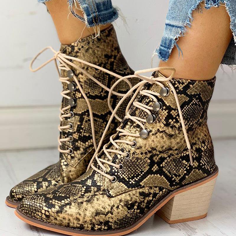 Pointed Toe Lace-up Snakeskin Chunky Heeled Boots - Cherrybetty