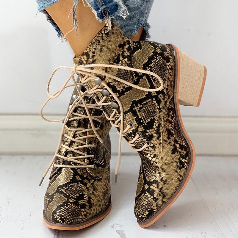 Pointed Toe Lace-up Snakeskin Chunky Heeled Boots - Cherrybetty