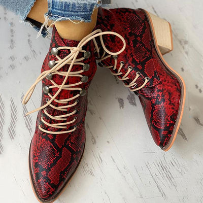 Pointed Toe Lace-up Snakeskin Chunky Heeled Boots - Cherrybetty