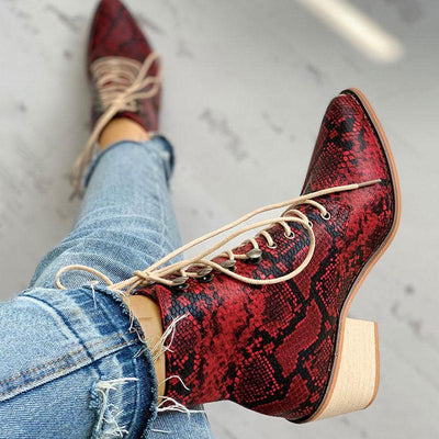 Pointed Toe Lace-up Snakeskin Chunky Heeled Boots - Cherrybetty