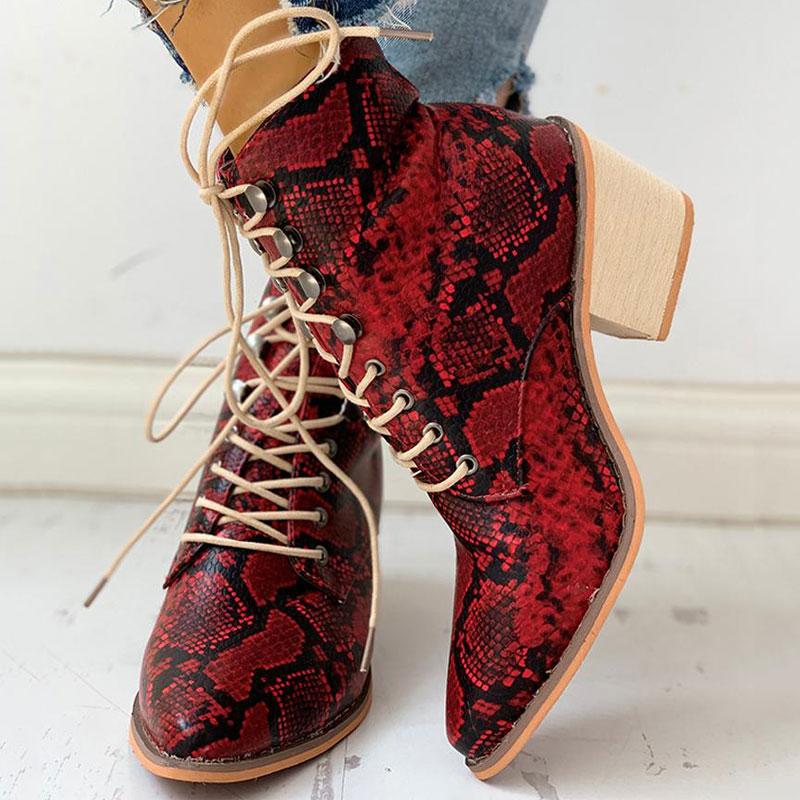 Pointed Toe Lace-up Snakeskin Chunky Heeled Boots - Cherrybetty