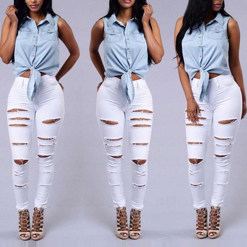 Solid High Wasit Cut Out Denim Pants