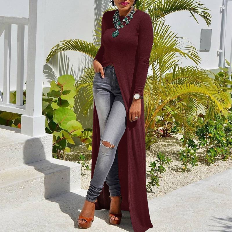 Solid Long Sleeve High Split Maxi Dress