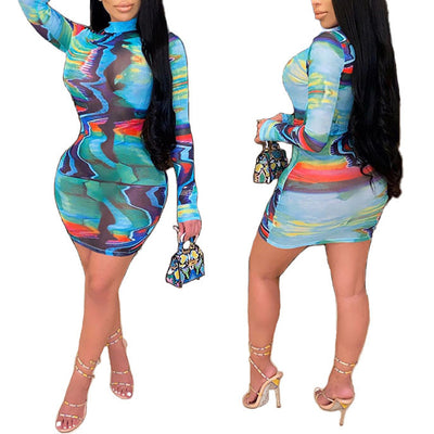 Sexy Colorful Print Long-Sleeve Bodycon Dress