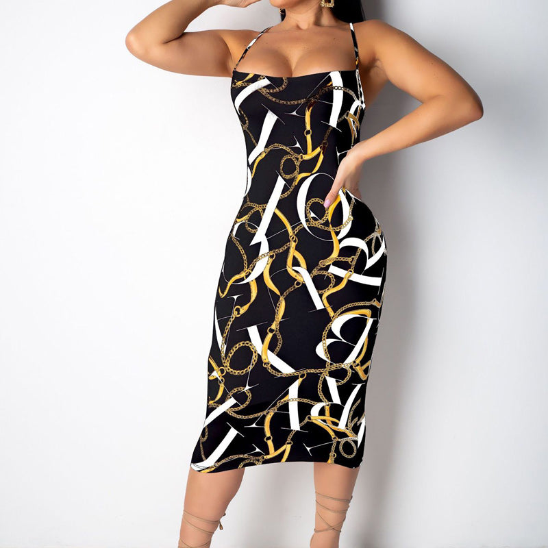 Cold Shoulder Chain Printed Sling Bodycon Dress