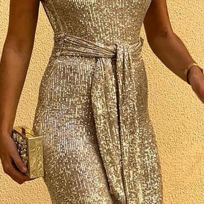 Glitter Round Neck Sleeveless Backless Sequins Jumpsuit - Cherrybetty