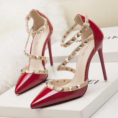 Fashion Pointed Rivet Strap Heels Sandals - Cherrybetty