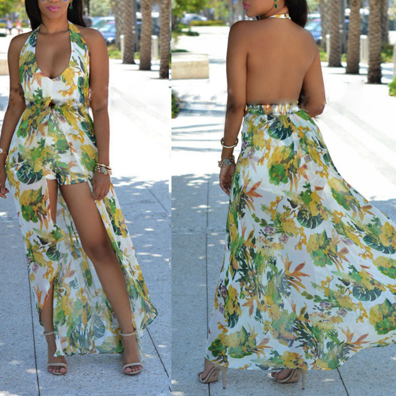 Floral Print V-Neck Halter High Slit Dress