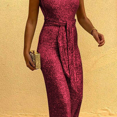 Glitter Round Neck Sleeveless Backless Sequins Jumpsuit - Cherrybetty