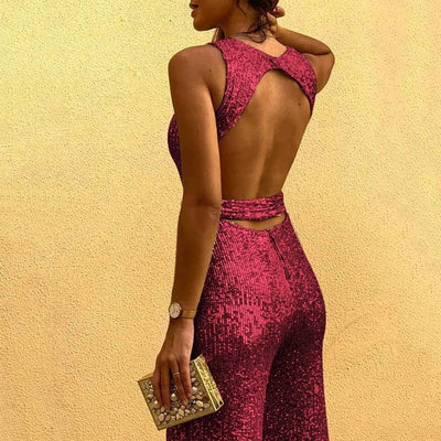 Glitter Round Neck Sleeveless Backless Sequins Jumpsuit - Cherrybetty