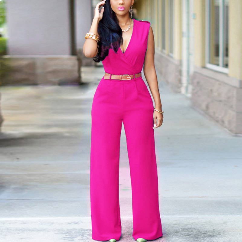 Solid Deep V-Neck Sleeveless Jumpsuit