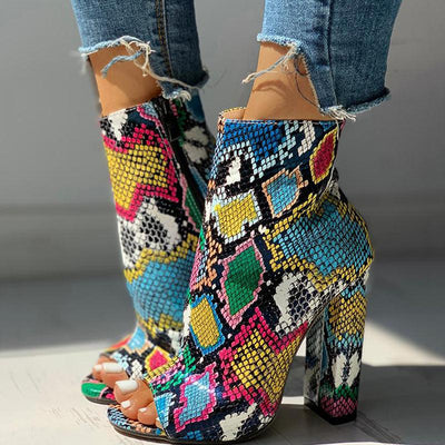 Colorful Snakeskin Chunky Heeled Boots - Cherrybetty