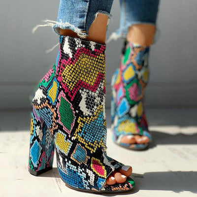 Colorful Snakeskin Chunky Heeled Boots - Cherrybetty