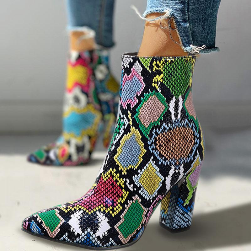 Colorful Snakeskin Chunky Heeled Boots - Cherrybetty