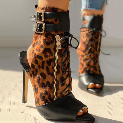 Leopard Print Peep Toe Buckled Thin Heeled Boot - Cherrybetty