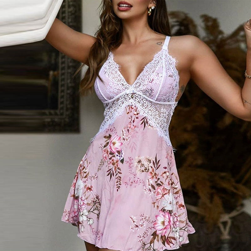 Floral Print Lace Satin Nightgown