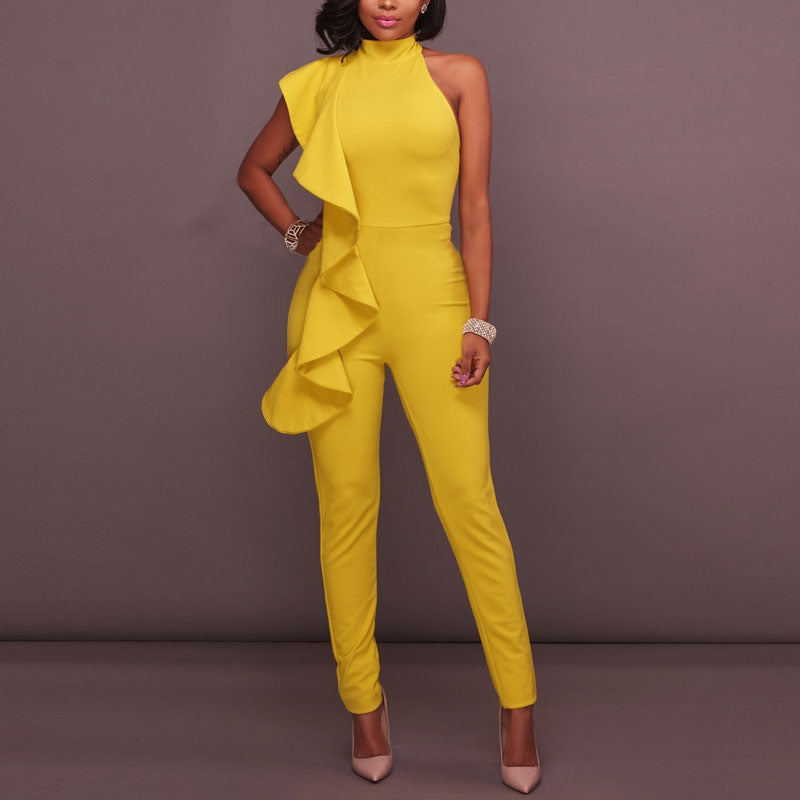 Solid Sleeveless Turtleneck Ruffle Design Jumpsuit