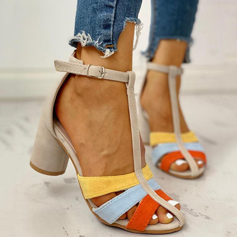 Ankle Buckled Colorblock Chunky Heeled Sandals - Cherrybetty