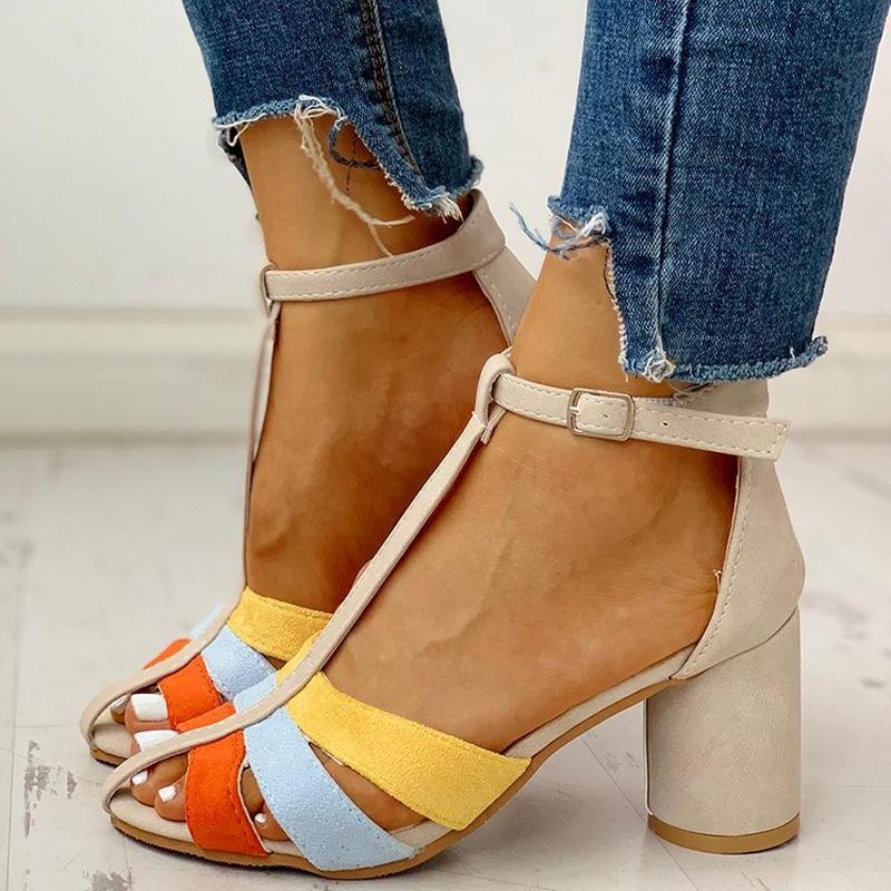 Ankle Buckled Colorblock Chunky Heeled Sandals - Cherrybetty