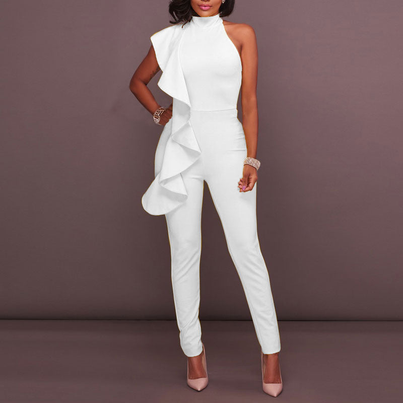 Solid Sleeveless Turtleneck Ruffle Design Jumpsuit