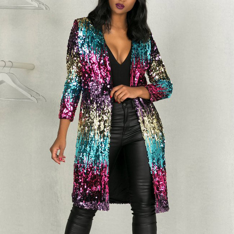 Sequins Colorful Long Sleeve Long Coat