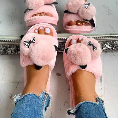 Fluffy Pom Pom Bowknot Embellished Open Toe Flat Slippers - Cherrybetty