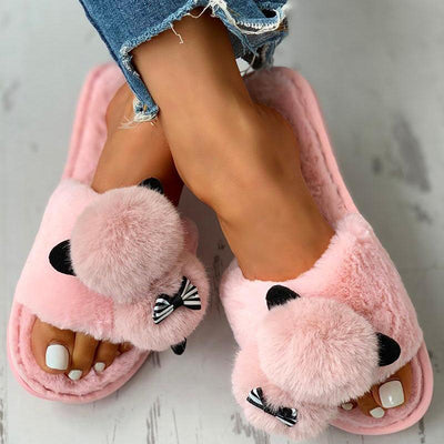 Fluffy Pom Pom Bowknot Embellished Open Toe Flat Slippers - Cherrybetty