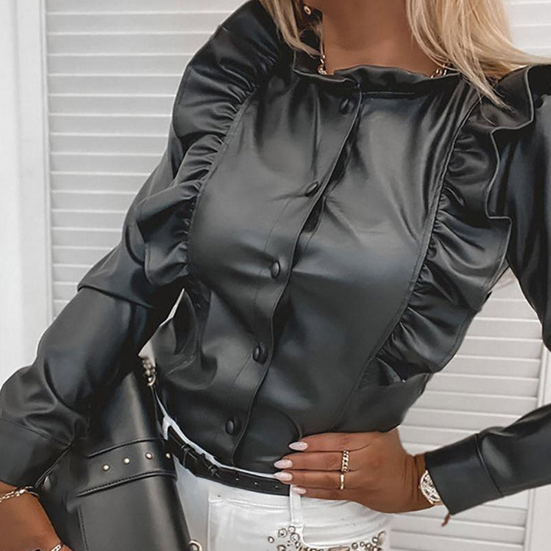 Ruffles Trim Button Design Long Sleeve Shirt