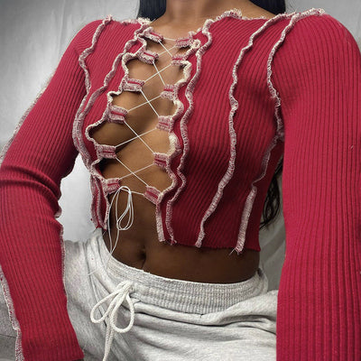 Sexy Hollowout Lace-Up Long Sleeve Top