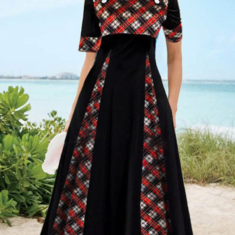 Half Sleeve Plaid Print Patchwork Big Swing Dress