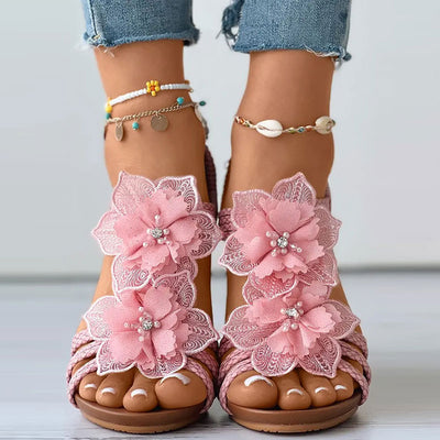 Floral Pattern Beaded Boho Wedge Shoes