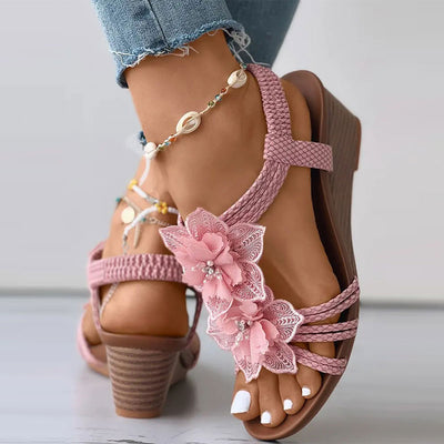 Floral Pattern Beaded Boho Wedge Shoes