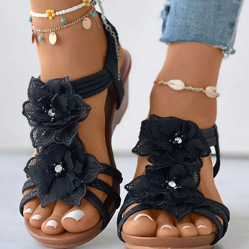 Floral Pattern Beaded Boho Wedge Shoes