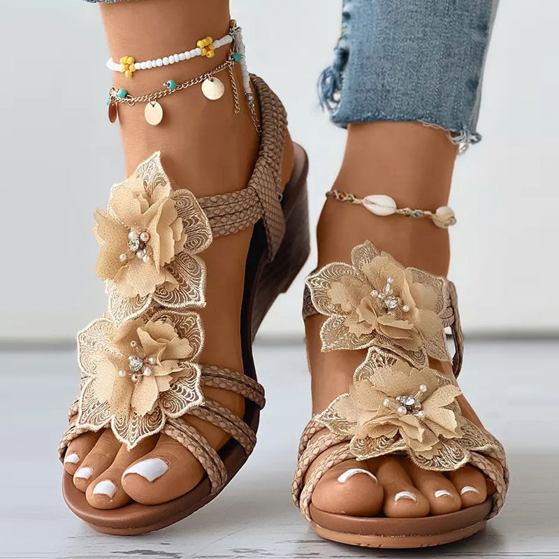 Floral Pattern Beaded Boho Wedge Shoes