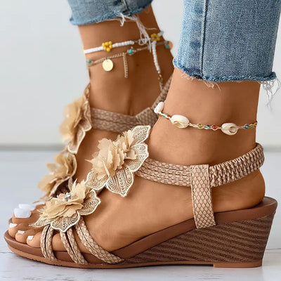 Floral Pattern Beaded Boho Wedge Shoes