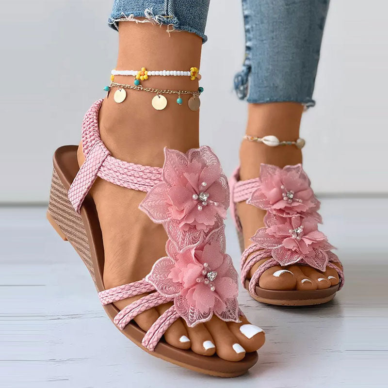 Floral Pattern Beaded Boho Wedge Shoes