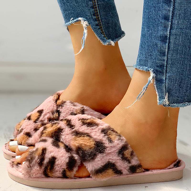 Fluffy Leopard Crisscross Flat Slippers - Cherrybetty