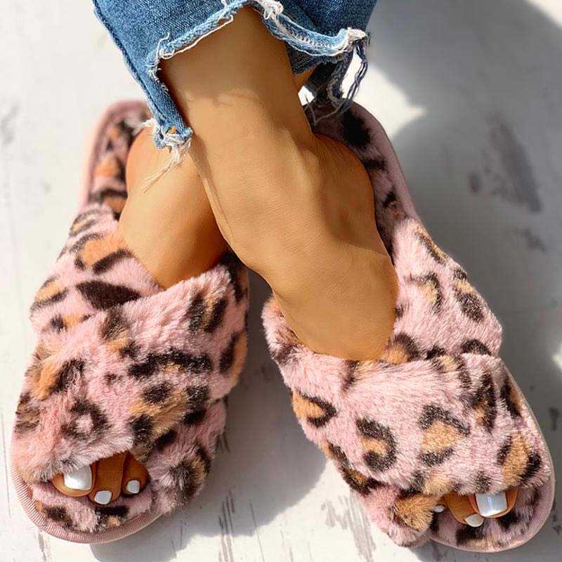 Fluffy Leopard Crisscross Flat Slippers - Cherrybetty