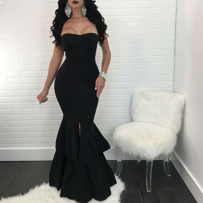 Solid Off Shoulder High Slit Fishtail Maxi Dress