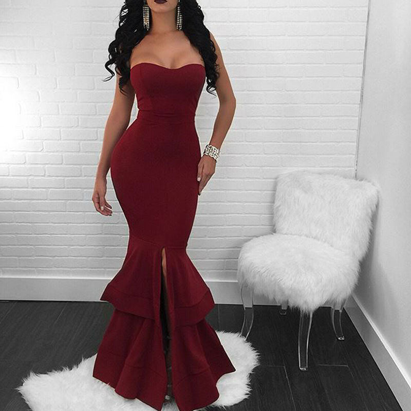 Solid Off Shoulder High Slit Fishtail Maxi Dress