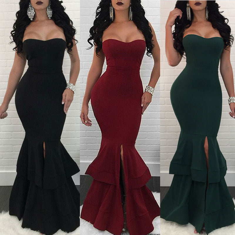 Solid Off Shoulder High Slit Fishtail Maxi Dress