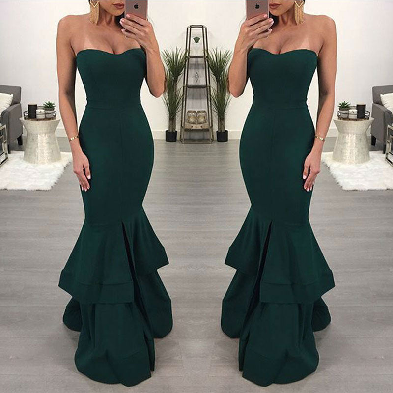 Solid Off Shoulder High Slit Fishtail Maxi Dress