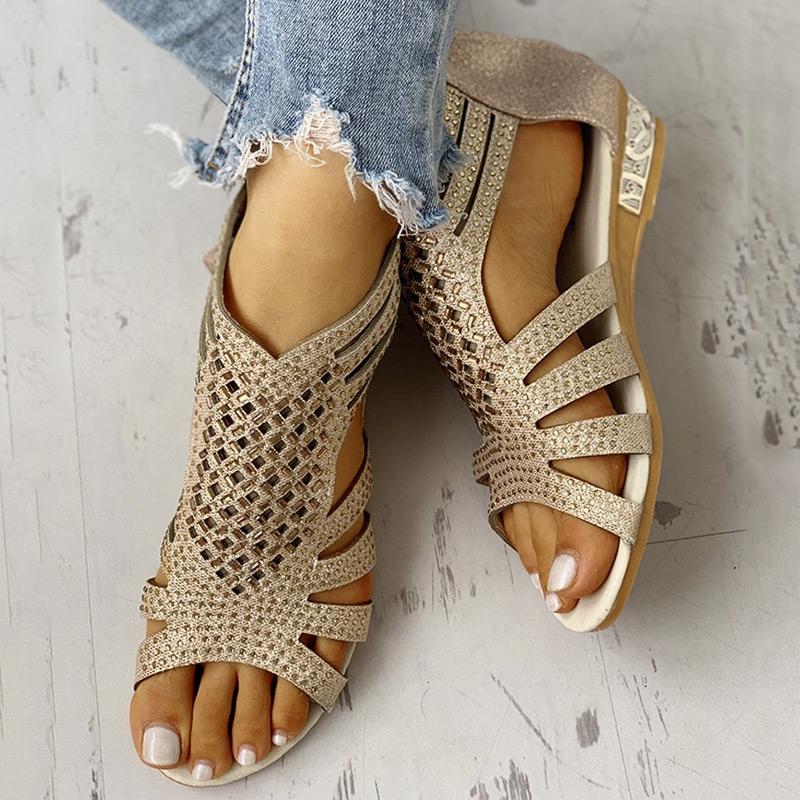 Studded Detail Hollow Out Flat Sandals - Shop Shiningbabe - Womens Fashion Online Shopping Offering Huge Discounts on Shoes - Heels, Sandals, Boots, Slippers; Clothing - Tops, Dresses, Jumpsuits, and More.