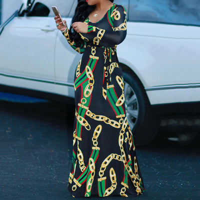 Chains Print Belted Long Sleeve Maxi Dress