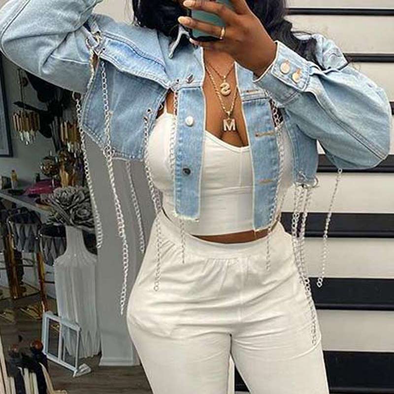 Solid Chains Decoration Cut Out Denim Coat