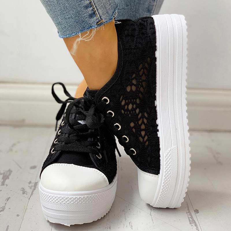 Colorblock Eyelet Hollow Out Lace-Up Sneakers - Cherrybetty