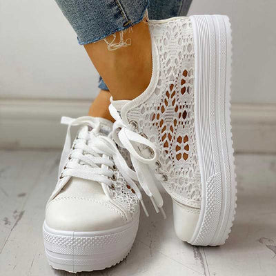 Colorblock Eyelet Hollow Out Lace-Up Sneakers - Cherrybetty